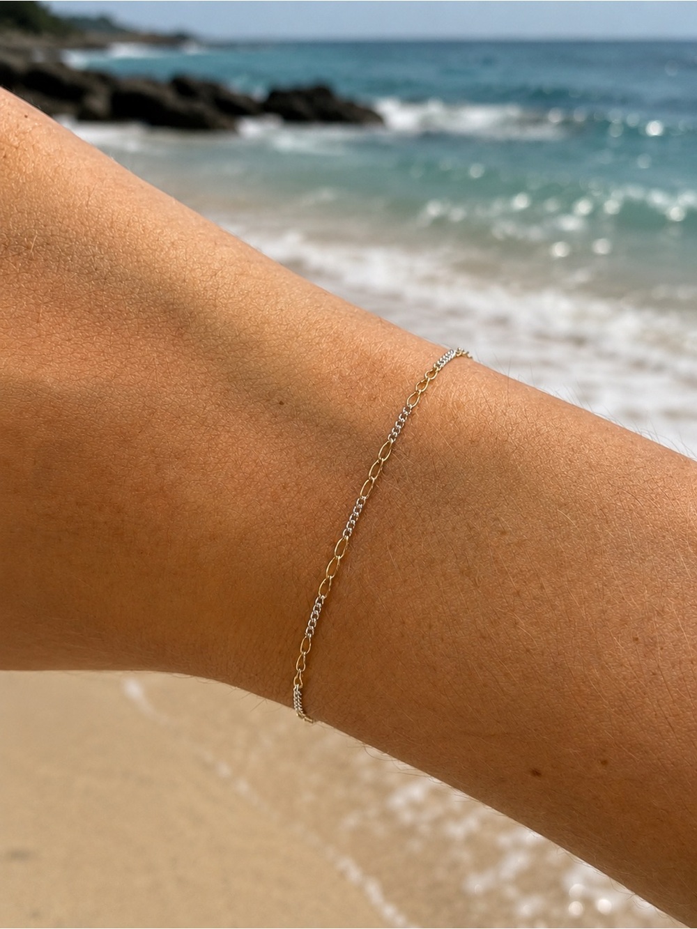 Two Tone Micro Figaro Bracelet/Anklet (S925)
